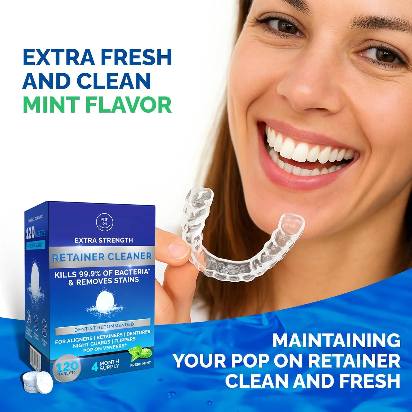 Retainer Cleaner Tablets for Invisalign Approved for Ultrasonic Cleaners - Denture Cleaning Tablets for Aligners, Night Guard, Mouth Guard - Denture Cleaner Tablets 4-Month Supply