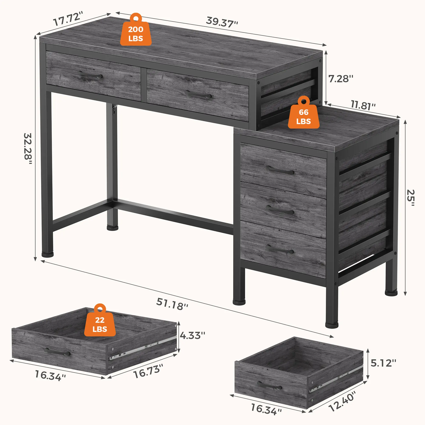 Office Desk with 5 Drawers & Integrated Printer Stand, Large Computer Writing Desk with Fabric Storage Bins & Storage Shelves for Home Office & Study