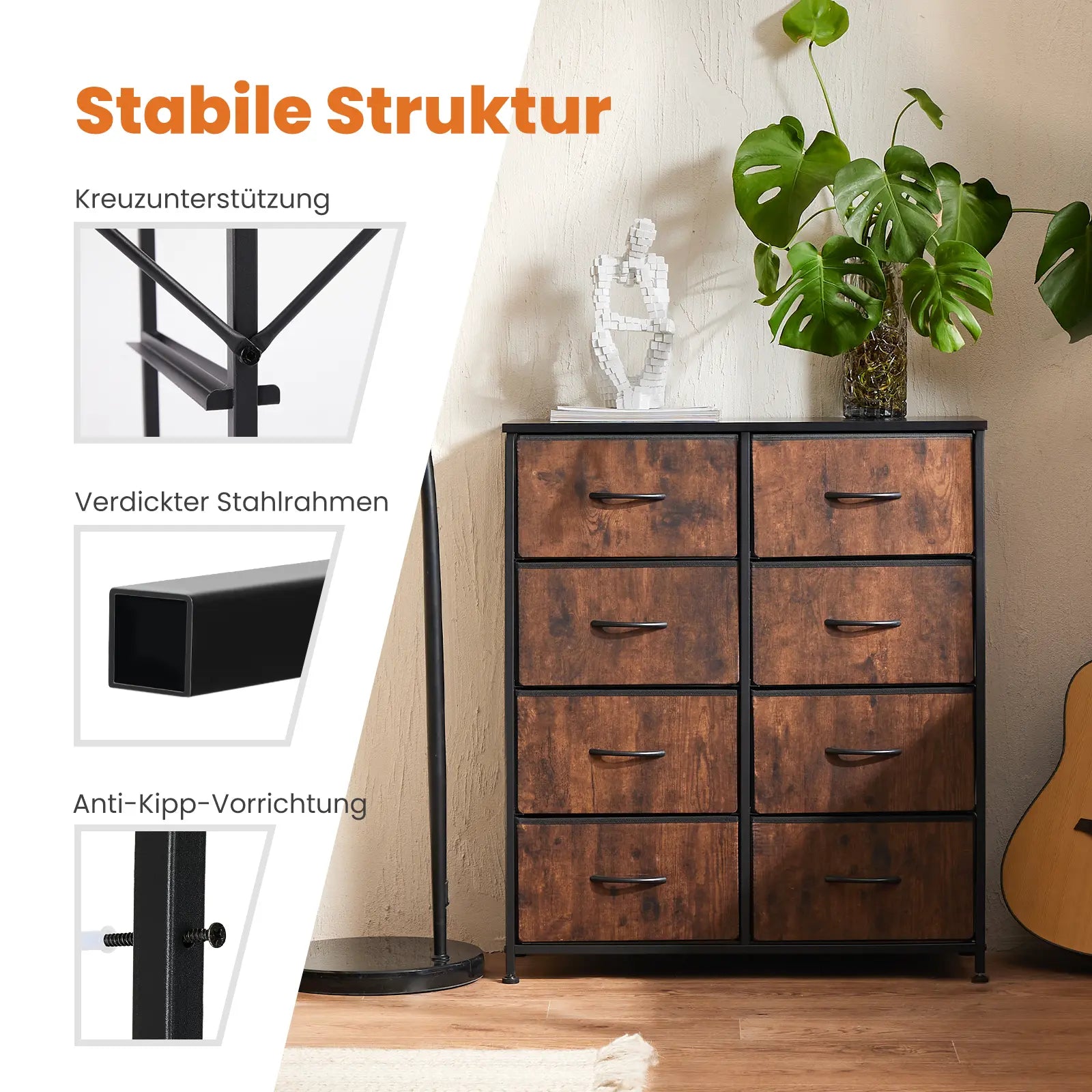 8 Drawers Dresser Organizer Storage Drawers Fabric Storage Tower, Chest of Drawers with Fabric Bins, Steel Frame, Wooden Top