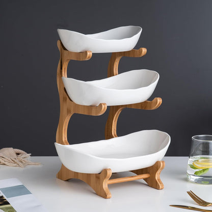 3 Tier Fruit Bowl with Bamboo Stand for Kitchen Counter,Ceramic Fruit Basket Large Capacity for Fruit Vegetable Storage,Snack Dessert Cake Tray Plate Rack for Party Wedding (White)