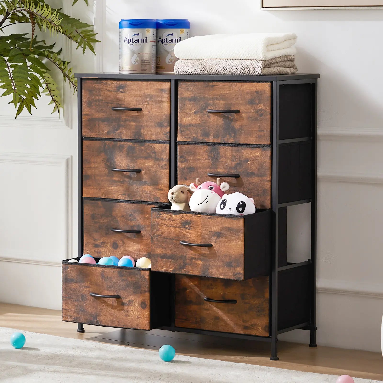 8 Drawers Dresser Organizer Storage Drawers Fabric Storage Tower, Chest of Drawers with Fabric Bins, Steel Frame, Wooden Top