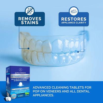 Retainer Cleaner Tablets for Invisalign Approved for Ultrasonic Cleaners - Denture Cleaning Tablets for Aligners, Night Guard, Mouth Guard - Denture Cleaner Tablets 4-Month Supply