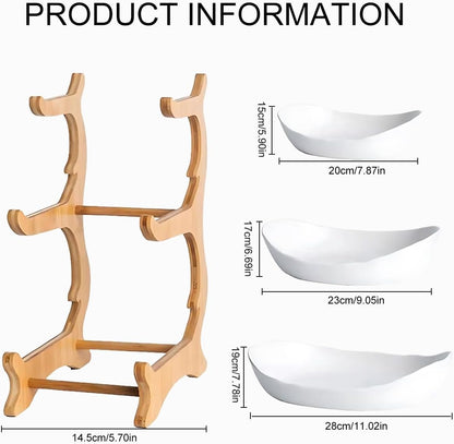 3 Tier Fruit Bowl with Bamboo Stand for Kitchen Counter,Ceramic Fruit Basket Large Capacity for Fruit Vegetable Storage,Snack Dessert Cake Tray Plate Rack for Party Wedding (White)