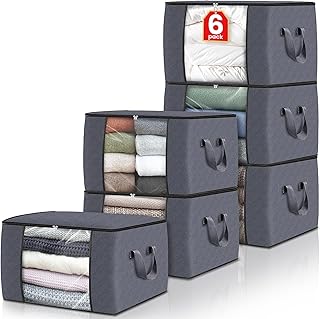 6-Pack Grey Foldable Thick Cloth Clothing Storage Bags with Handles, Travel Organizers for Bedroom Wardrobe, Window, Cabinet, Tool, Student Item Organization (Clothes, Bedding)
