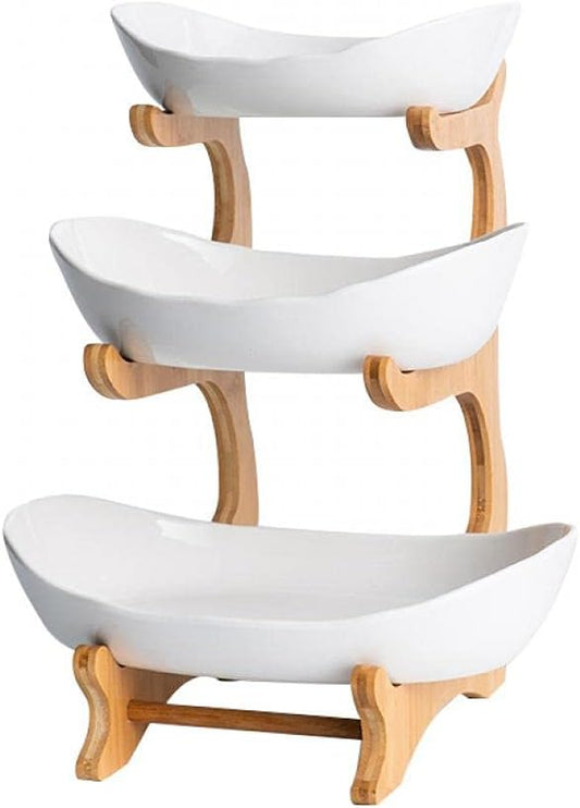 3 Tier Fruit Bowl with Bamboo Stand for Kitchen Counter,Ceramic Fruit Basket Large Capacity for Fruit Vegetable Storage,Snack Dessert Cake Tray Plate Rack for Party Wedding (White)