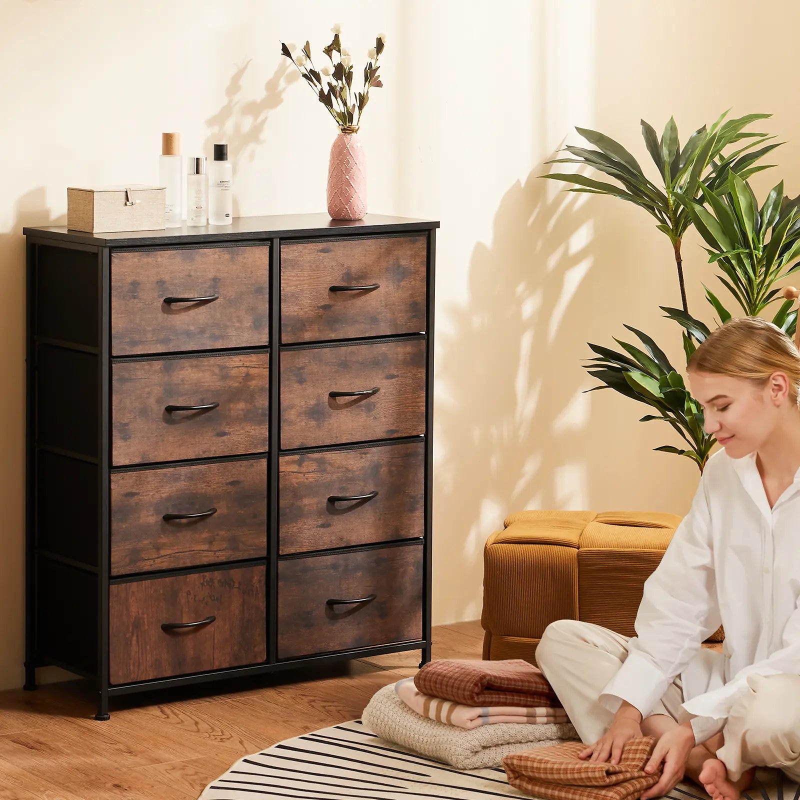 8 Drawers Dresser Organizer Storage Drawers Fabric Storage Tower, Chest of Drawers with Fabric Bins, Steel Frame, Wooden Top