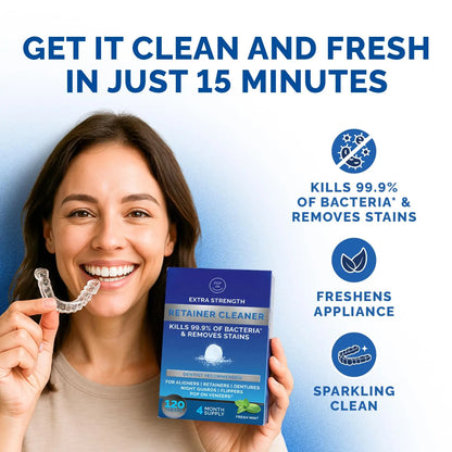 Retainer Cleaner Tablets for Invisalign Approved for Ultrasonic Cleaners - Denture Cleaning Tablets for Aligners, Night Guard, Mouth Guard - Denture Cleaner Tablets 4-Month Supply