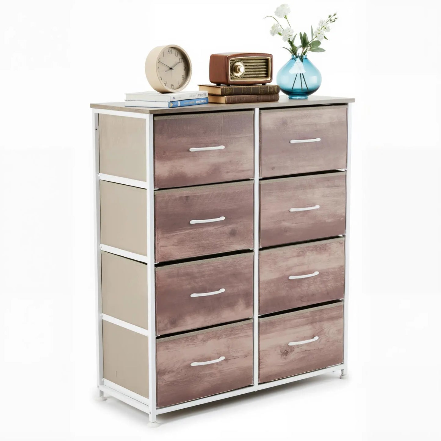 8 Drawers Dresser Organizer Storage Drawers Fabric Storage Tower, Chest of Drawers with Fabric Bins, Steel Frame, Wooden Top