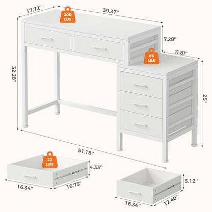 Office Desk with 5 Drawers & Integrated Printer Stand, Large Computer Writing Desk with Fabric Storage Bins & Storage Shelves for Home Office & Study