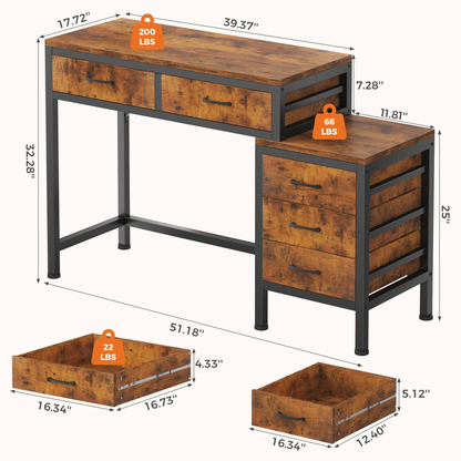Office Desk with 5 Drawers & Integrated Printer Stand, Large Computer Writing Desk with Fabric Storage Bins & Storage Shelves for Home Office & Study