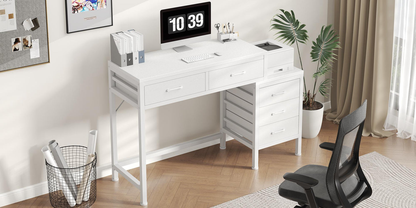 Office Desk with 5 Drawers & Integrated Printer Stand, Large Computer Writing Desk with Fabric Storage Bins & Storage Shelves for Home Office & Study