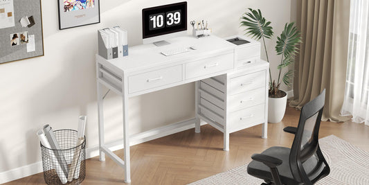 Office Desk with 5 Drawers & Integrated Printer Stand, Large Computer Writing Desk with Fabric Storage Bins & Storage Shelves for Home Office & Study