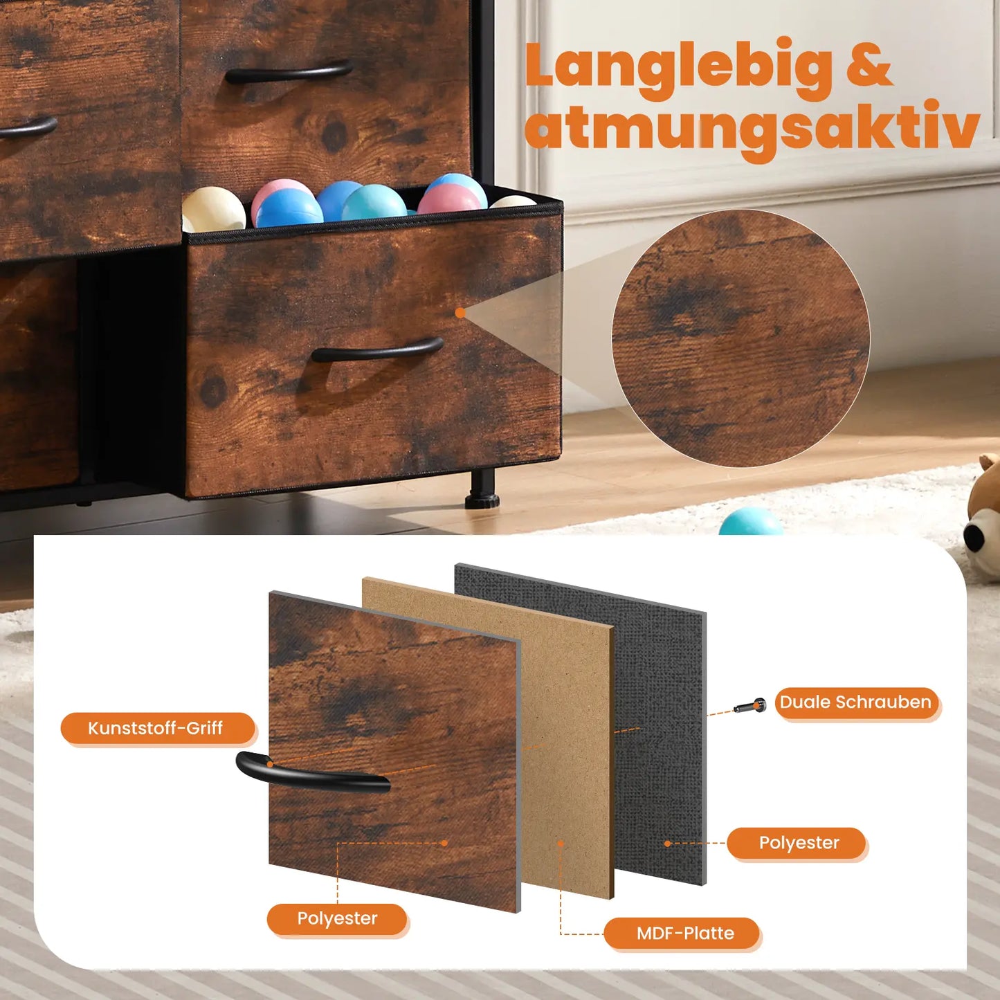 8 Drawers Dresser Organizer Storage Drawers Fabric Storage Tower, Chest of Drawers with Fabric Bins, Steel Frame, Wooden Top