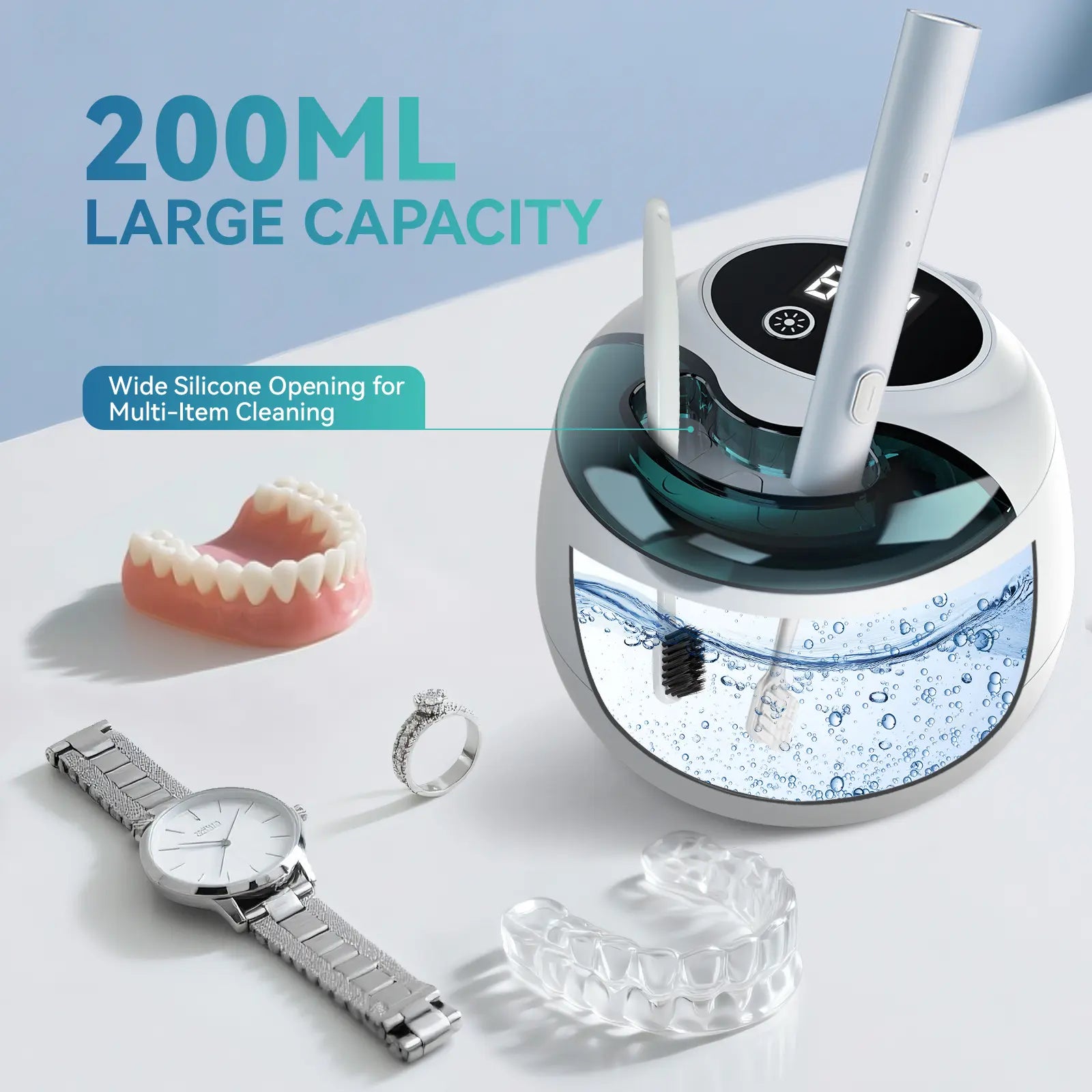 Dental Ultrasonic Retainer Cleaner Machine - 45Khz Retainer Cleaner Machine with 200ML Dental Pod, 9 Modes Ultrasonic Cleaner for Denture, Mouth Guard Clenching, Aligner, Braces, Toothbrush, Jewelry