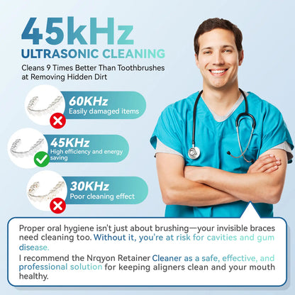 Dental Ultrasonic Retainer Cleaner Machine - 45Khz Retainer Cleaner Machine with 200ML Dental Pod, 9 Modes Ultrasonic Cleaner for Denture, Mouth Guard Clenching, Aligner, Braces, Toothbrush, Jewelry