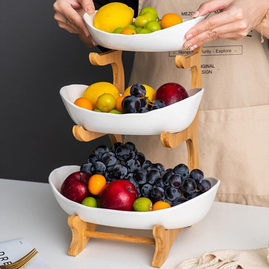 3 Tier Fruit Bowl with Bamboo Stand for Kitchen Counter,Ceramic Fruit Basket Large Capacity for Fruit Vegetable Storage,Snack Dessert Cake Tray Plate Rack for Party Wedding (White)