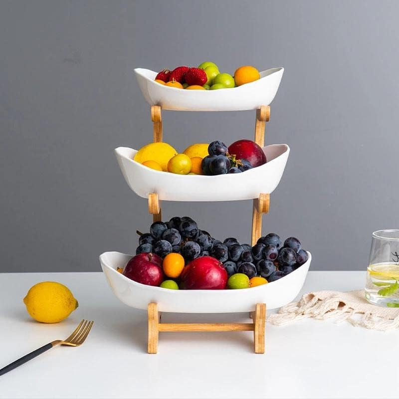 3 Tier Fruit Bowl with Bamboo Stand for Kitchen Counter,Ceramic Fruit Basket Large Capacity for Fruit Vegetable Storage,Snack Dessert Cake Tray Plate Rack for Party Wedding (White)