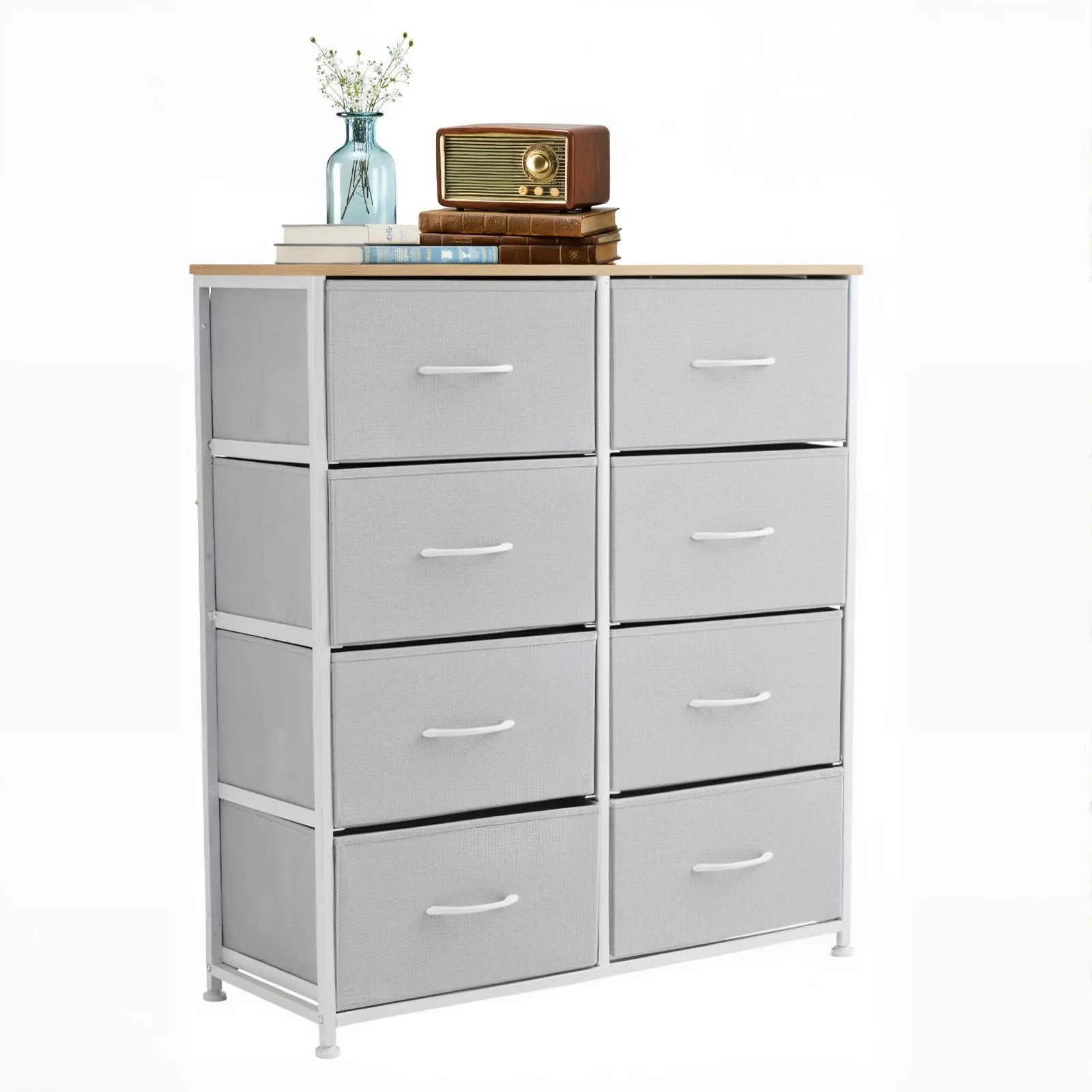 8 Drawers Dresser Organizer Storage Drawers Fabric Storage Tower, Chest of Drawers with Fabric Bins, Steel Frame, Wooden Top